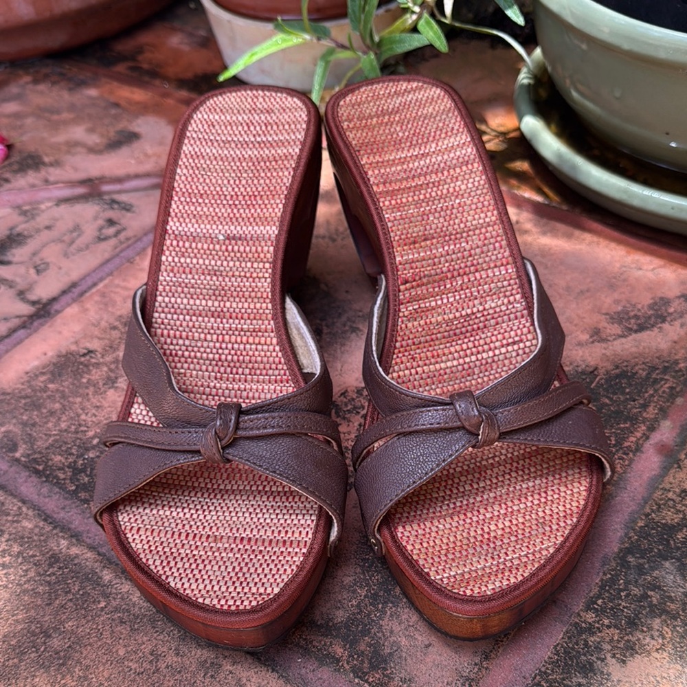 Vintage Brown Wooden Woven Women's Wedges